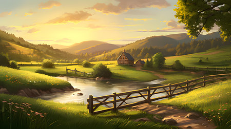 Beautiful summer landscape with a wooden bridge over the river and a village in the backgroundの素材