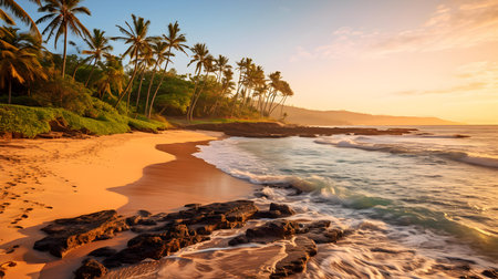 Palm trees on the beach at sunset in Oahu, Hawaiiの素材