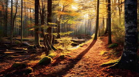 Autumn forest with sunbeams in the morning. HDR imageの素材
