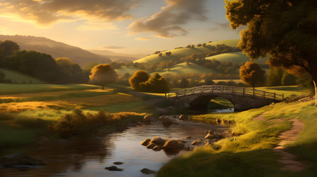 Bridge over the river at sunrise in Tuscany, Italy.の素材