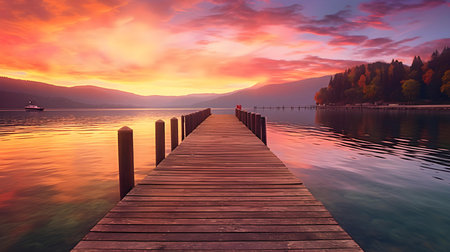 Wooden jetty on lake Bled at sunrise, Slovenia.の素材