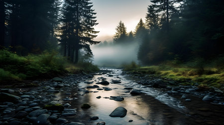 River in the forest with fog in the morning. Beautiful scenery.の素材