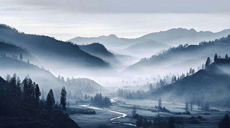 Foggy landscape with a river and mountains in the background.の素材