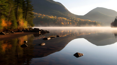 Beautiful autumn landscape with mountain lake and forest in the morning.の素材