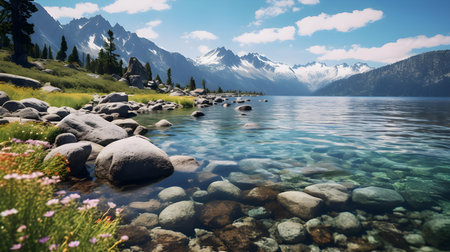 Mountain lake with crystal clear water surrounded by high rocky mountains.の素材