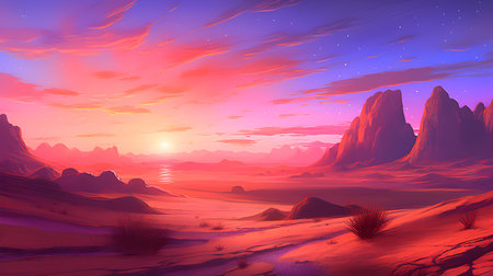 Fantasy landscape with mountains and lake at sunset. digital illustration.の素材