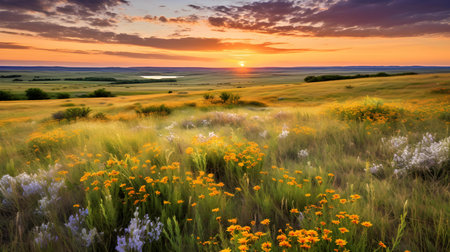 Sunset over the field of wildflowers. Spring landscape.の素材