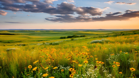 Sunset over a meadow with sunflowers in the foregroundの素材