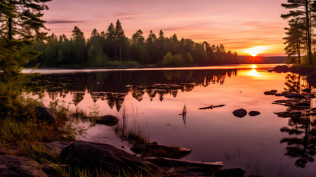 Sunset on the lake in the forest. Beautiful summer landscape.の素材