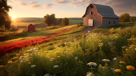 American Countryside with Red Barn and Blooming Wildflowers at Sunriseの素材
