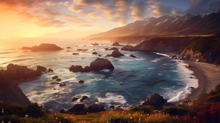 Beautiful seascape at sunset. Panoramic view of the sea and mountains.の素材