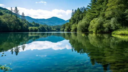 Beautiful landscape with mountain lake and reflection of trees in water.の素材