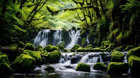 Beautiful waterfall in the rainforest with green moss on the rocksの素材