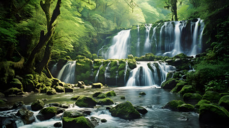 Beautiful waterfall in the green forest. Nature composition. Toned.の素材