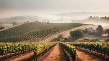 Vineyards in Tuscany in the morning mist, Italyの素材