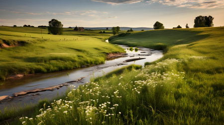 Beautiful summer landscape with a river flowing through the meadow.の素材