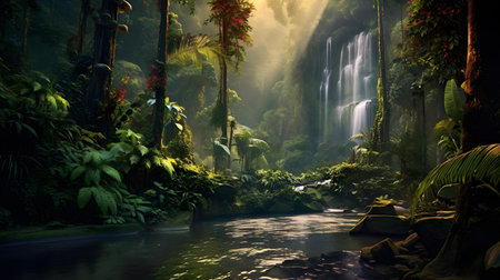 Waterfall in the jungle of Bali island, Indonesia. 3d renderingの素材