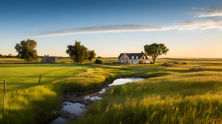 Sunset over a small creek in a field with trees and housesの素材