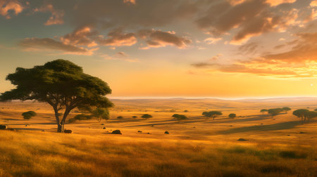 Sunrise in the African savannah, Kenya, Africa. panoramaの素材