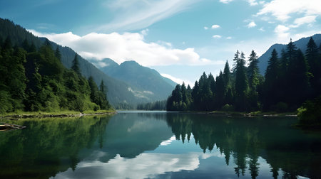 Beautiful mountain lake with clear water and reflection in the water.の素材