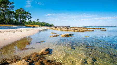 Landscape of Baltic sea shore with sand, rocks and pine trees.の素材