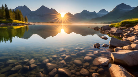 Mountain lake with reflection in the water at sunrise. Beautiful summer landscape.の素材