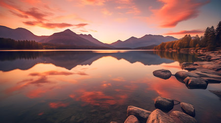 Mountain lake at sunset. Dramatic sky. Beauty world.の素材