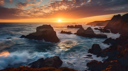 Sunset over the Pacific Ocean in Big Sur, California, United Statesの素材