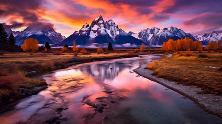 Colorful autumn landscape with river and snowcapped mountains at sunsetの素材