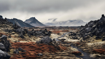 Fantasy alien planet. Mountain. 3D illustration. Panoramic image.の素材