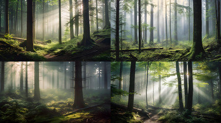 Collage of photos of a beautiful forest with fog and sun raysの素材