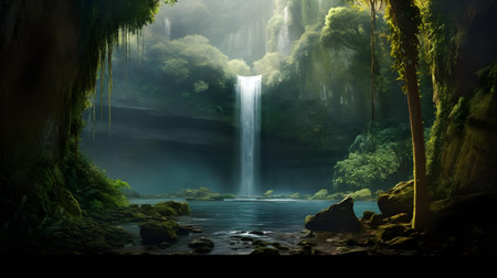 Beautiful waterfall in the jungle. 3d rendering. Computer digital drawing.の素材