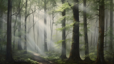 Forest with fog and sunbeams. 3d rendering. Computer digital drawing.の素材
