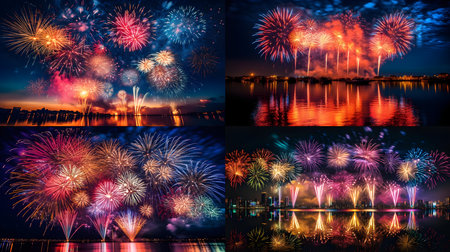 Colorful fireworks of various colors over night sky with reflection on waterの素材