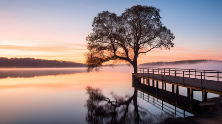 Sunrise over a misty lake with a tree in the foregroundの素材