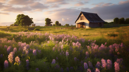 Sunset in the meadow with lupins and old wooden houseの素材