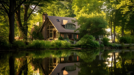 Beautiful house reflected in the water of a pond in the parkの素材