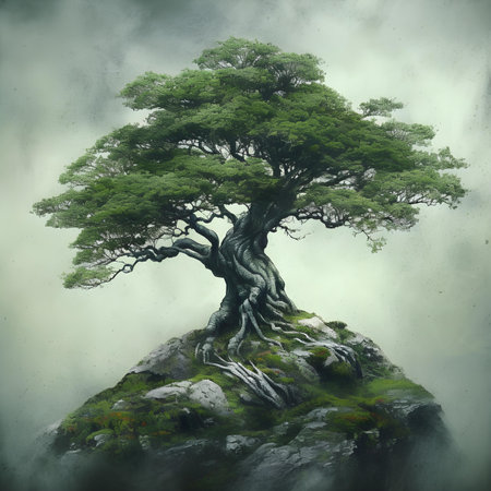 Tree in the foggy forest - 3D render, digital illustrationの素材