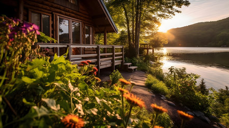 Wooden house on the shore of a lake at sunset in summerの素材