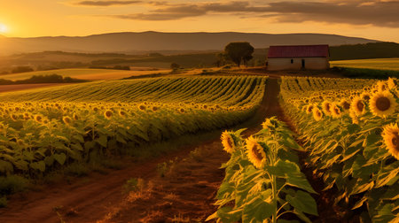 Sunflower field at sunset, South Moravia, Czech Republic.の素材