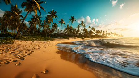 Tropical beach with coconut palm trees at sunset, Sri Lankaの素材