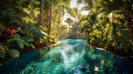 Swimming pool with palm trees in tropical garden - 3d renderingの素材