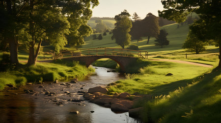 Sunset over a small river in the English countryside with a bridgeの素材