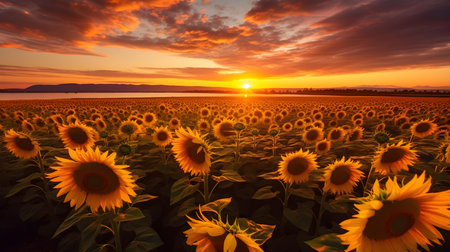 Sunflower field at sunset in summer. Beautiful landscape with sunflowers.の素材