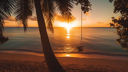 Beautiful Silhouette palm tree with swing on the beach and sea - Vintage Filterの素材