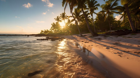 Tropical beach at sunset with palm trees and sunbeamsの素材