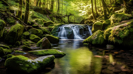 Beautiful waterfall in the forest with green moss and rocks, long exposureの素材
