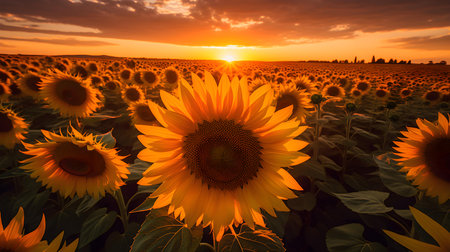Sunflower field at sunset. Beautiful summer landscape with sunflowers.の素材