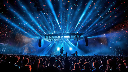 Concert crowd in front of a live stage with lights and smokeの素材