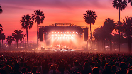 Crowd at concert in front of bright stage lights during a colorful sunsetの素材